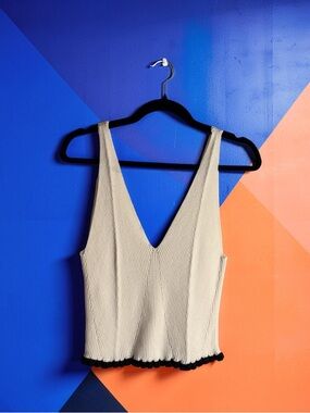 Zara Cream Ribbed V-Neck Tank with Black Hem